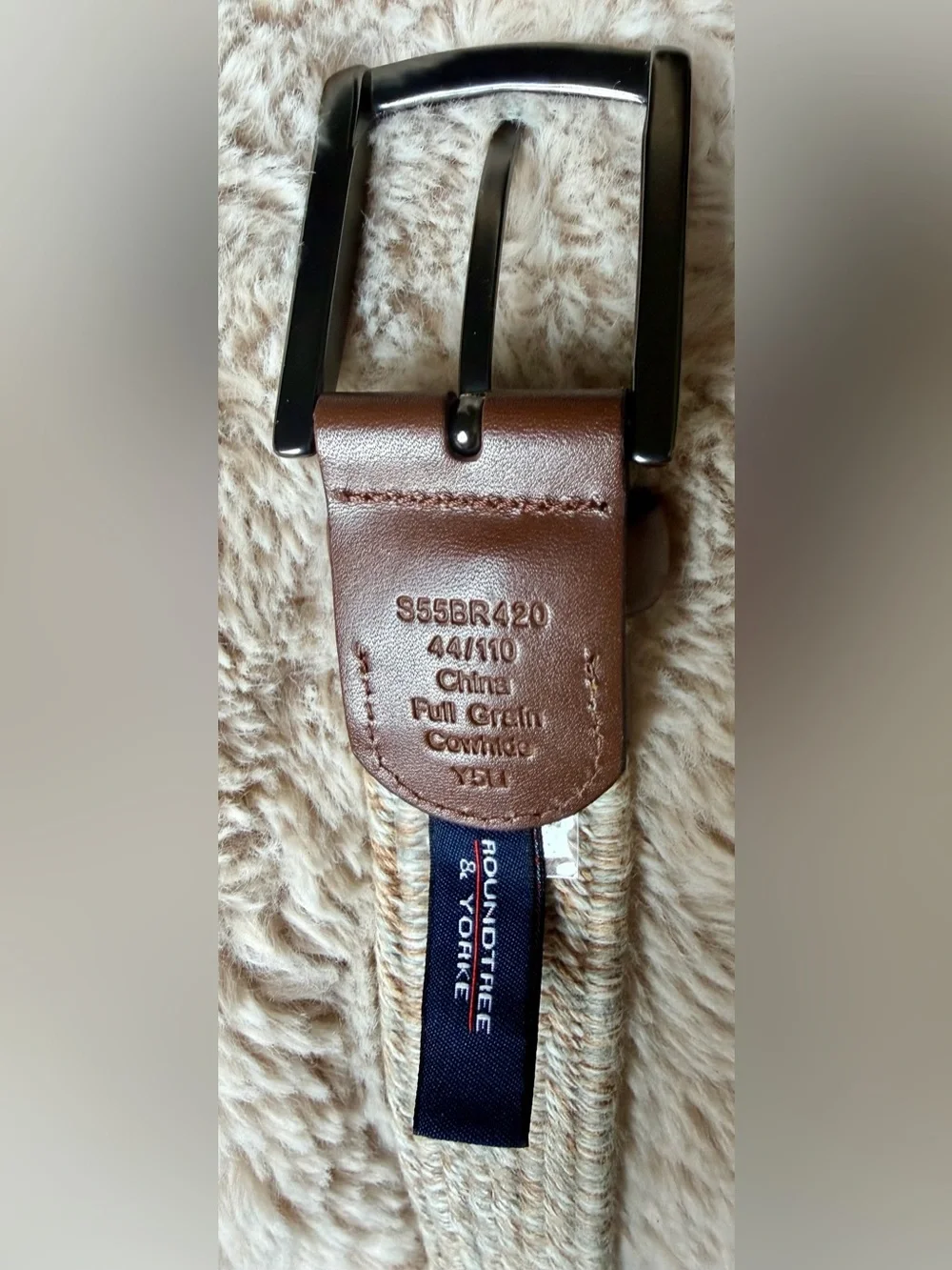 Roundtree & Yorke Men’s Woven Stretch Belt Beige Brown Leather Size 44